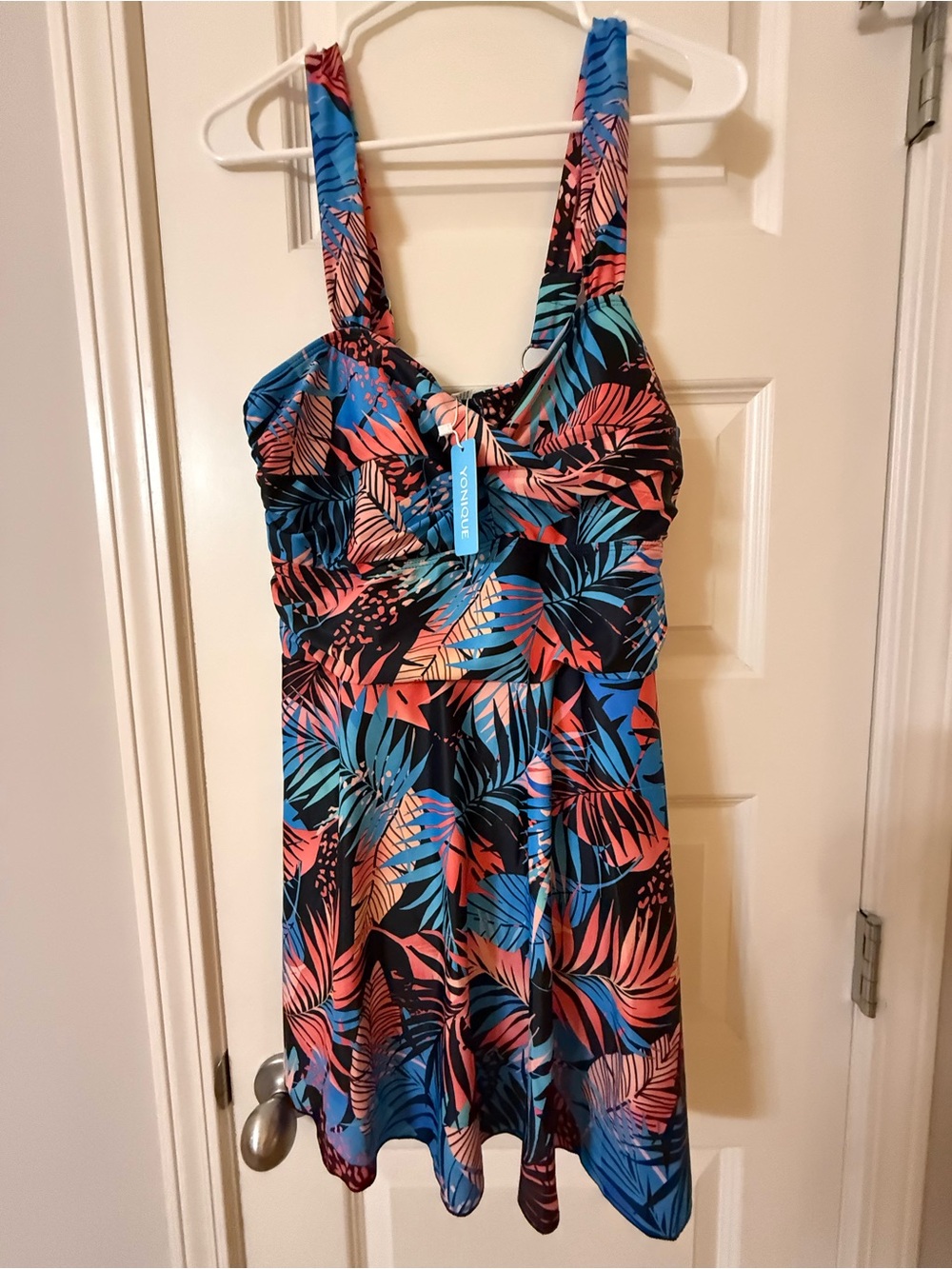 Yonique Tropical Palm Leaf One Piece Swim Dress Swimsuit, Size 16W, New With Tag
